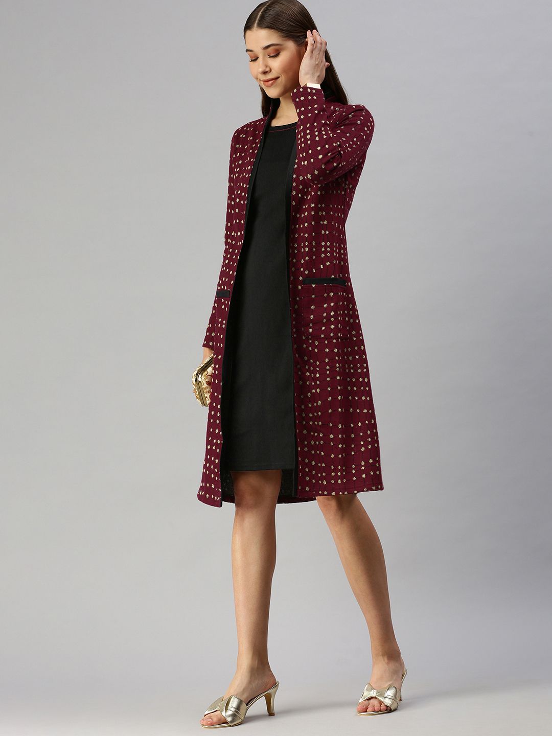 Global Desi Maroon & Gold-Toned Checked Shawl Collar Regular Sleeves Jacket Jumper Dress