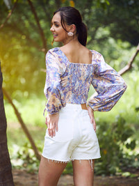 Athena Purple & Yellow Floral Print Crepe Crop Top