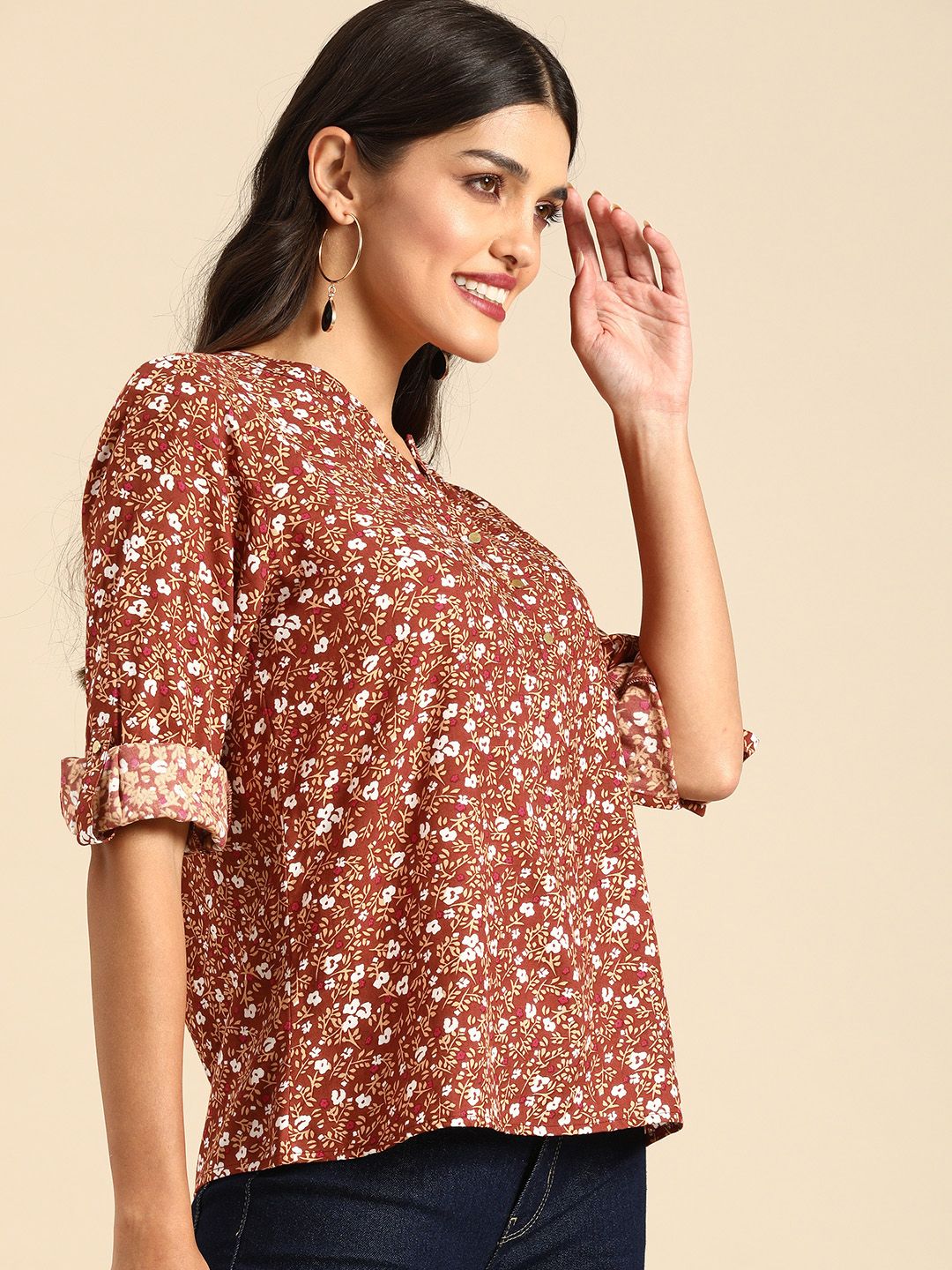 all about you Rust Floral Printed Roll-Up Sleeves Top