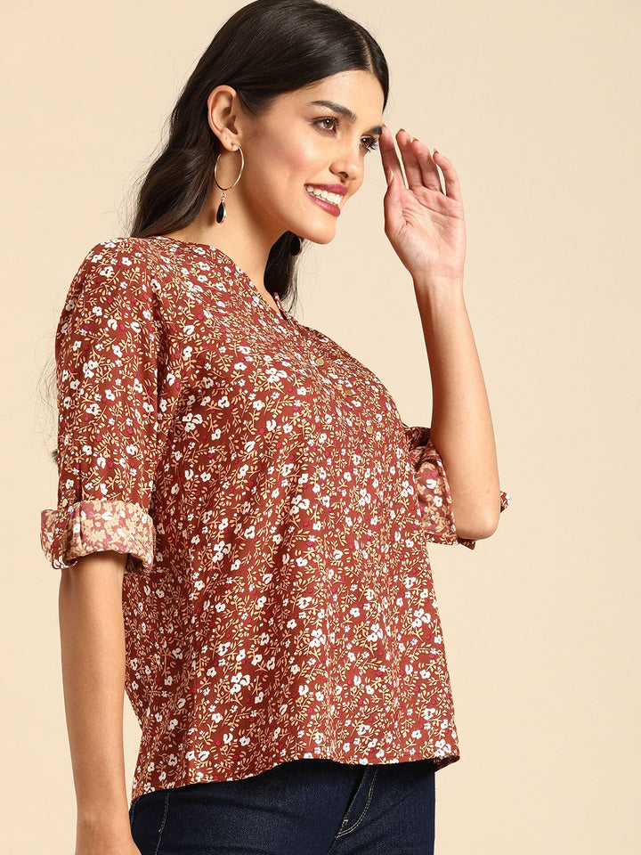 all about you Rust Floral Printed Roll-Up Sleeves Top