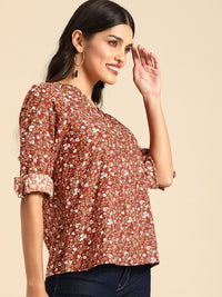 all about you Rust Floral Printed Roll-Up Sleeves Top