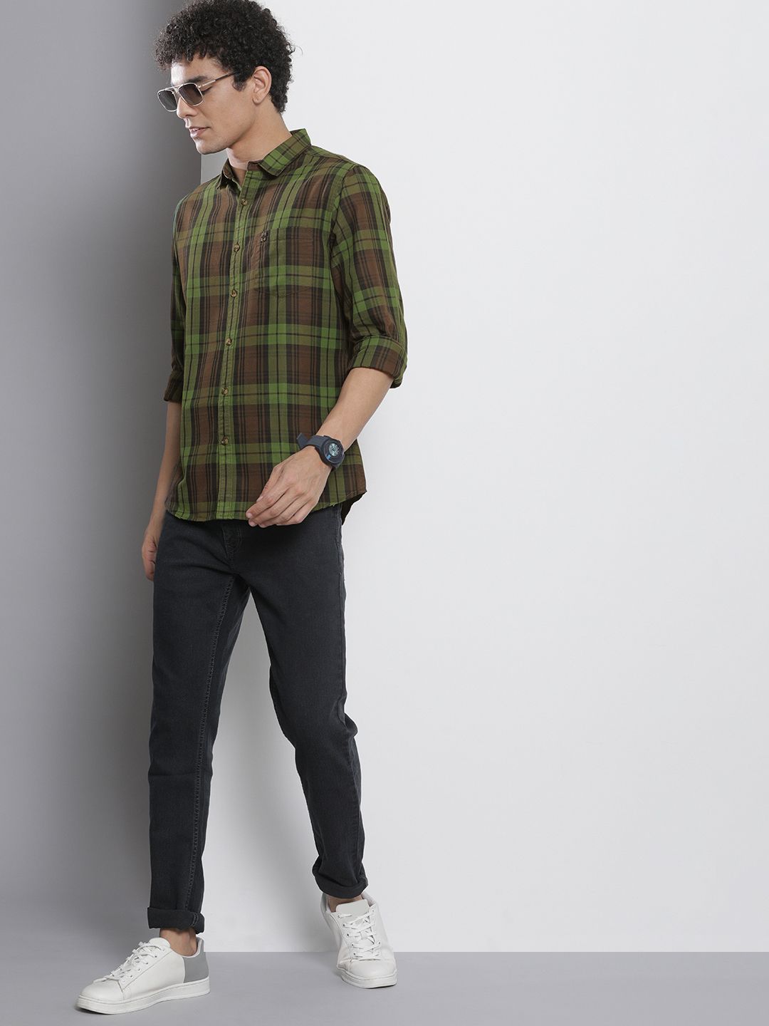 The Indian Garage Co Men Brown & Green Checked Pure Cotton Casual Shirt