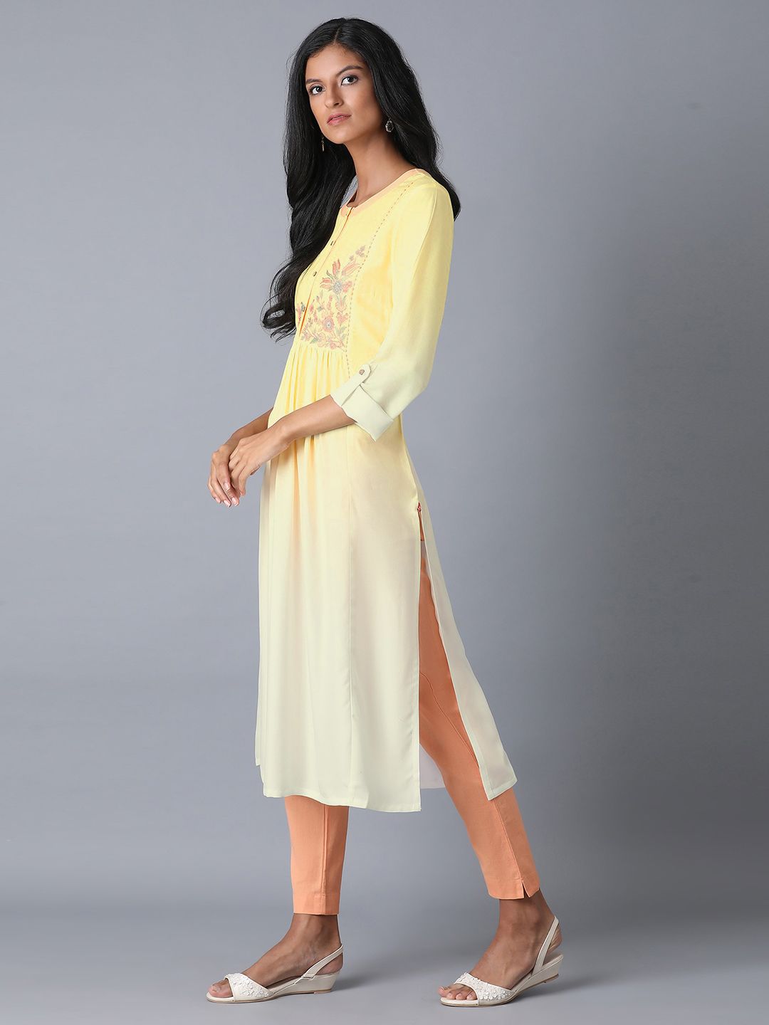 W Women Yellow & White Yoke Design Straight Kurta