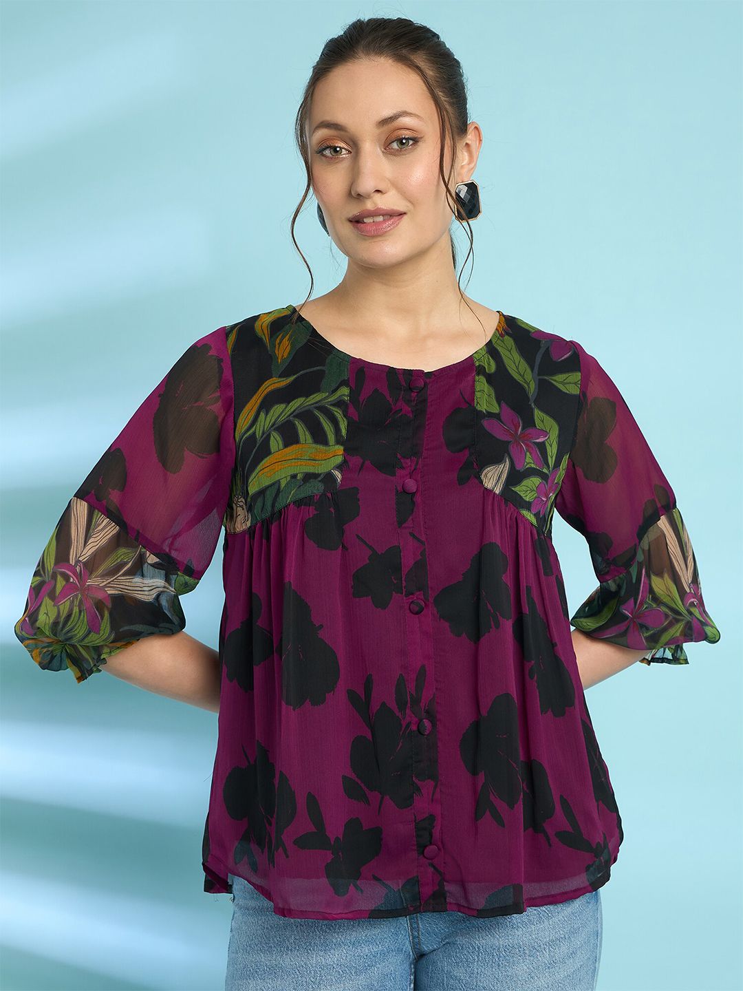 Antheaa Floral Printed Puff Sleeves A-Line Top with Pleated Detail