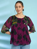 Antheaa Floral Printed Puff Sleeves A-Line Top with Pleated Detail