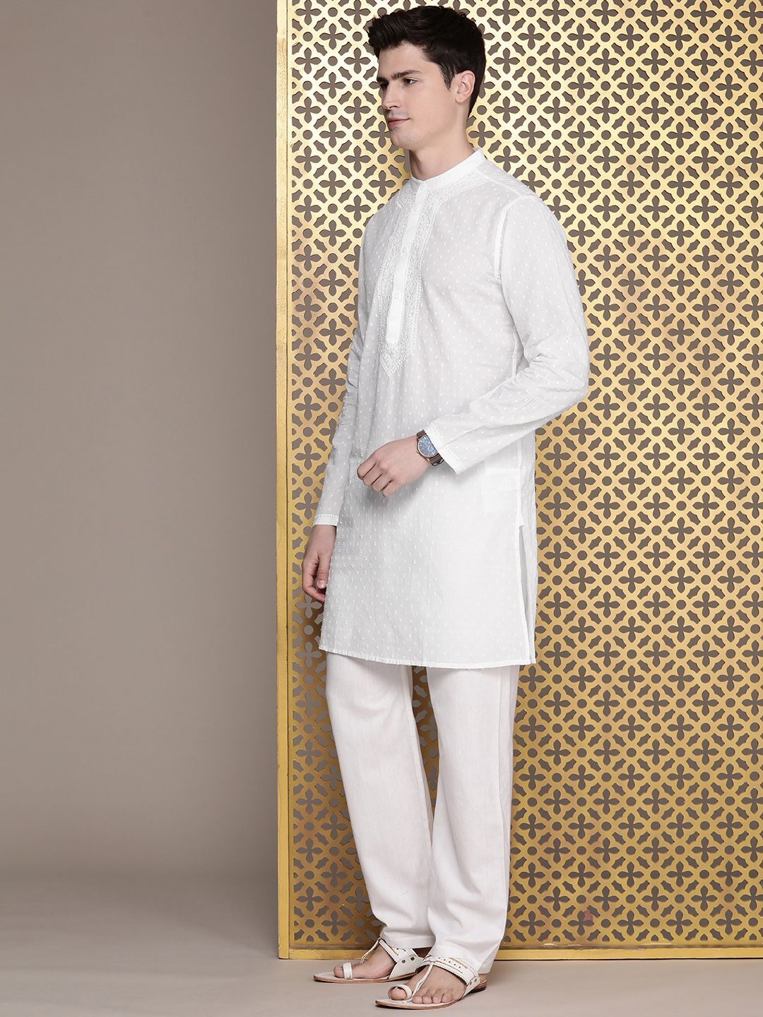 House of Pataudi Pure Cotton Chikankari Embroidered Dobby Jashn Kurta