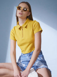 STREET 9 Yellow Polo Collar Ribbed Slim Fit Crop T-shirt