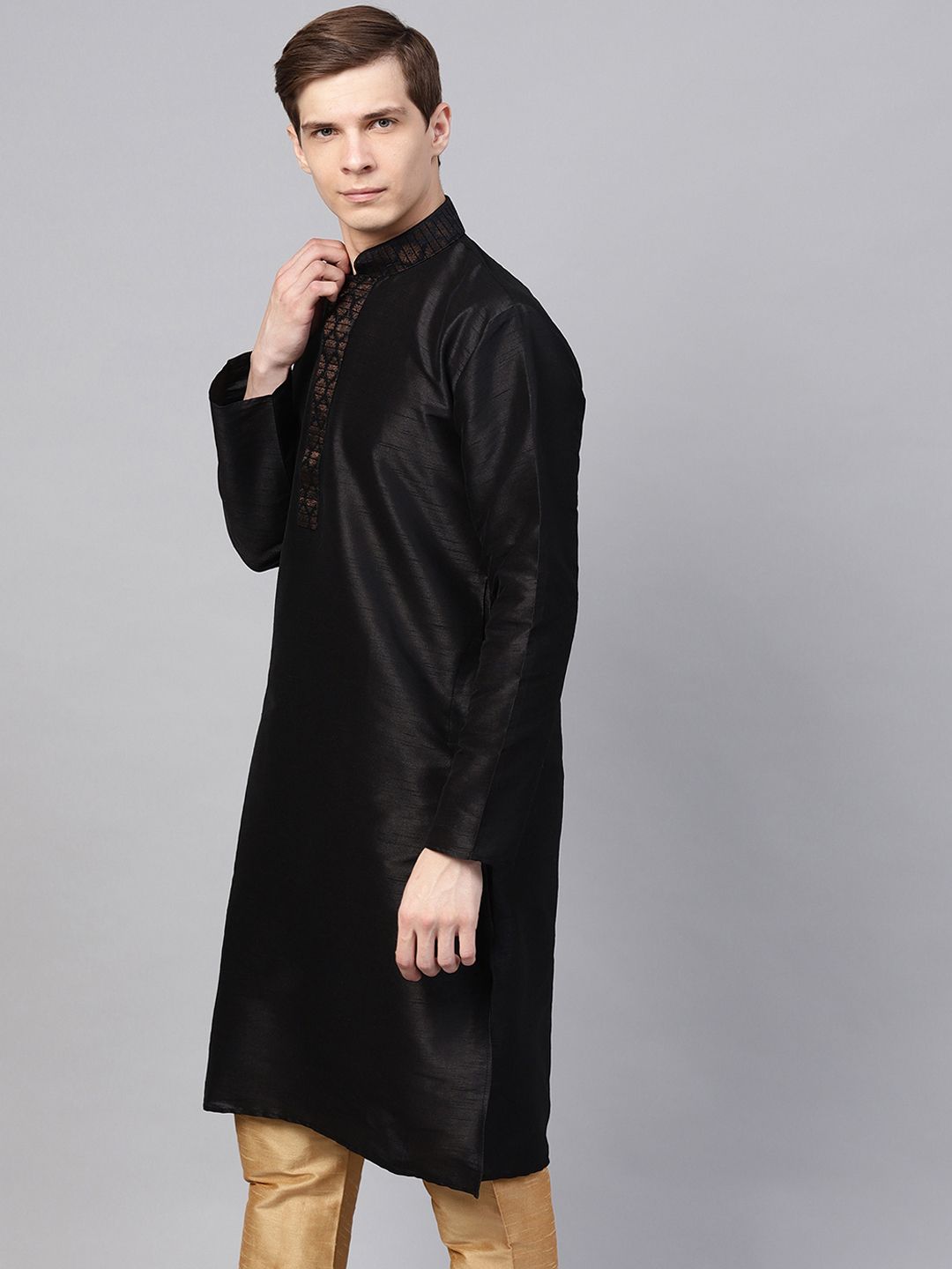 SOJANYA Men Black Yoke Design Straight Kurta