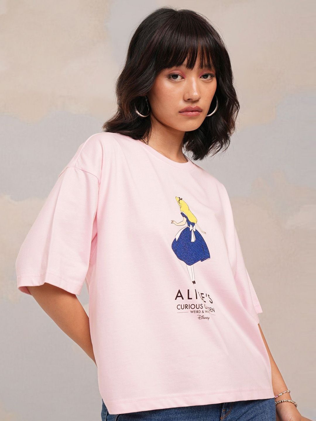 Tokyo Talkies Women Alice in Wonderland Printed Boxy Pure Cotton Tshirt