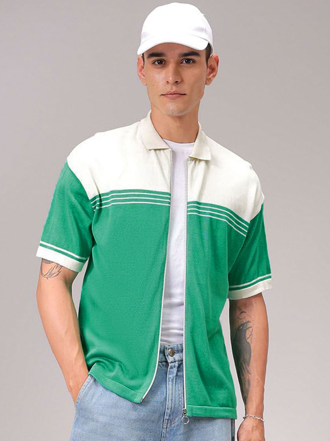 The Indian Garage Co Men Relaxed Fit Striped Flat Knit Polo Resortwear Shirt