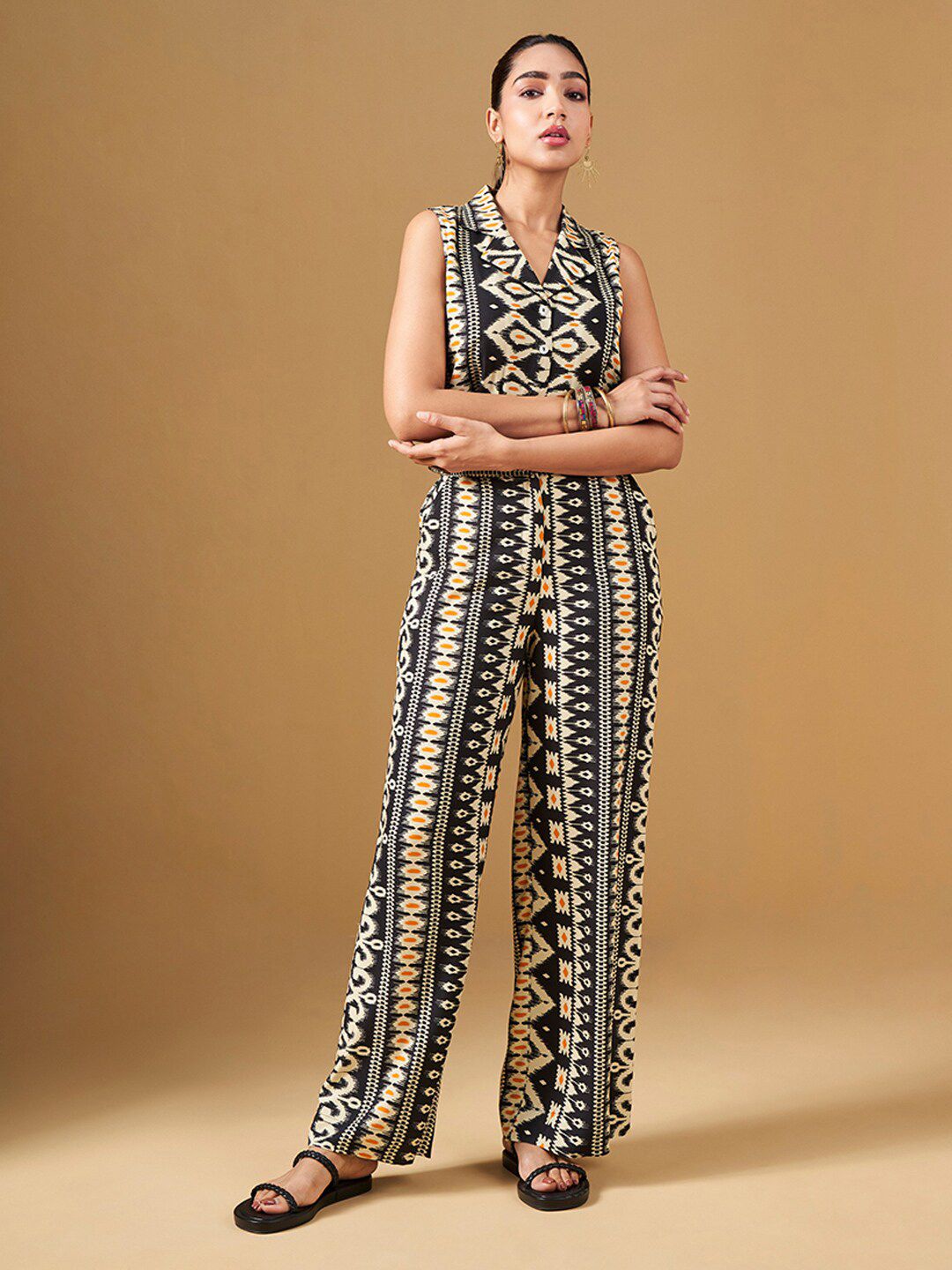 Global Desi Printed Lapel Collar Top & Palazzo