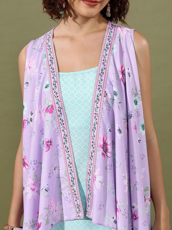 Vishudh Sea Green & Purple Ethnic Motifs Printed Regular Kurta With Trousers & Jacket