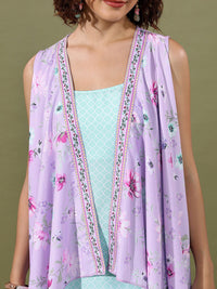 Vishudh Sea Green & Purple Ethnic Motifs Printed Regular Kurta With Trousers & Jacket