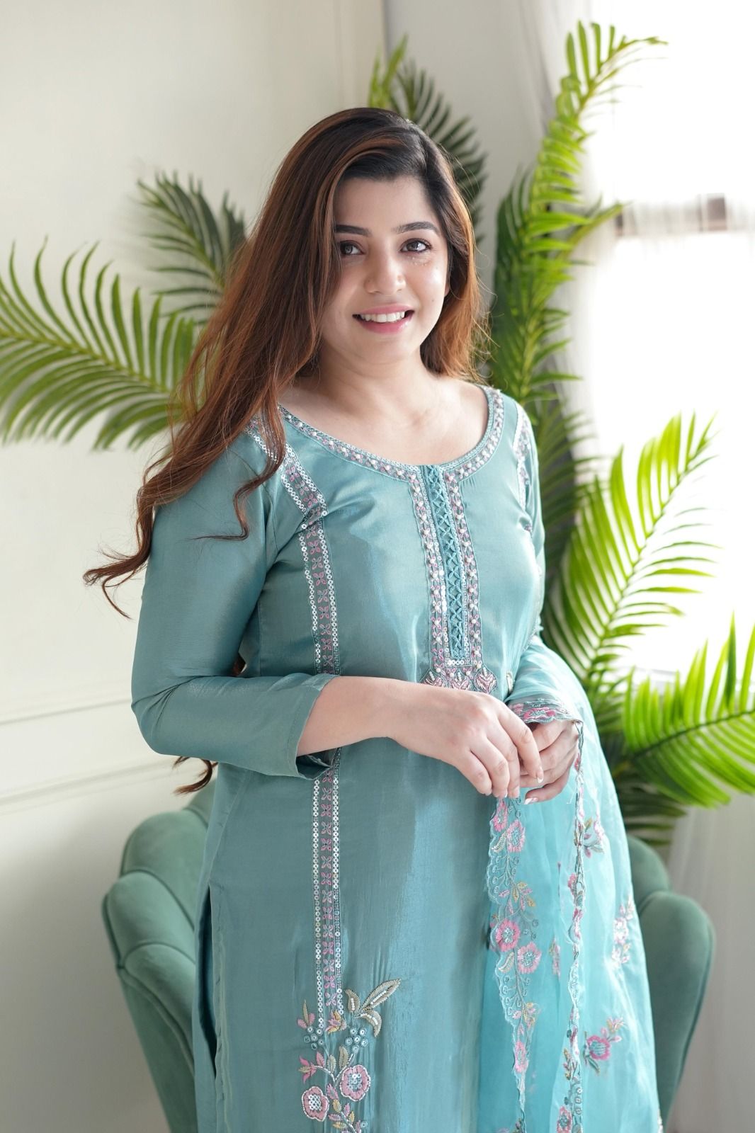 KALINI Floral Embroidered Sequinned Work Round Neck Straight Kurta With Trousers & Dupatta
