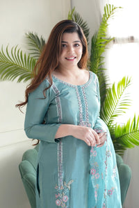 KALINI Floral Embroidered Sequinned Work Round Neck Straight Kurta With Trousers & Dupatta