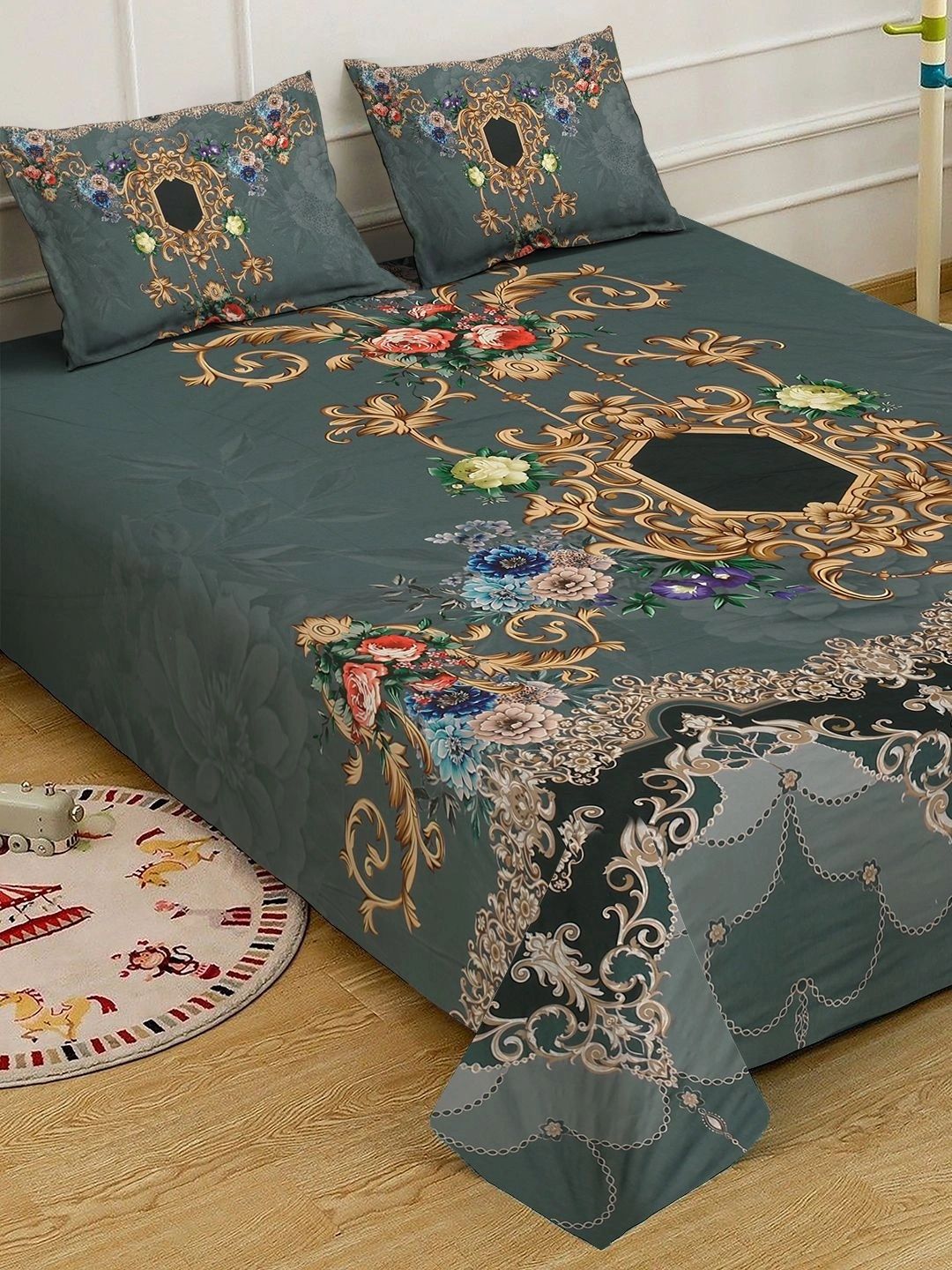 Moda Rapido X KLOTTHE Green & Gold-Toned Ethnic Motifs 400 TC King Bedsheet with 2 Pillow Covers