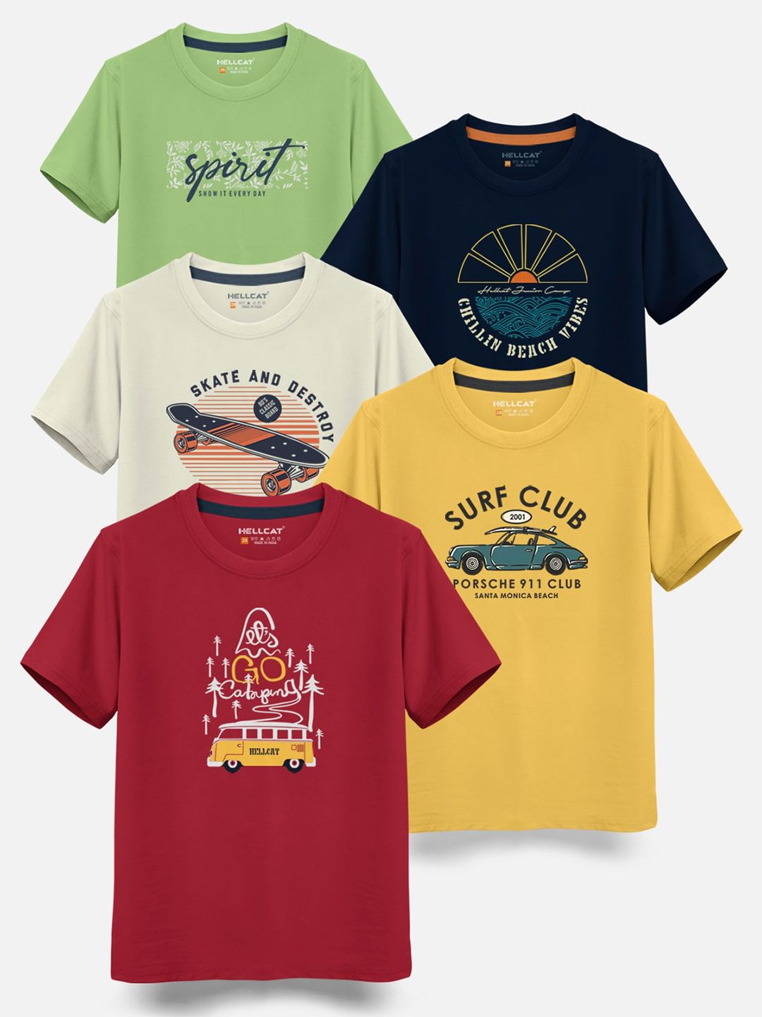HELLCAT Boys Pack Of 5 Typography Printed Cotton T-shirt