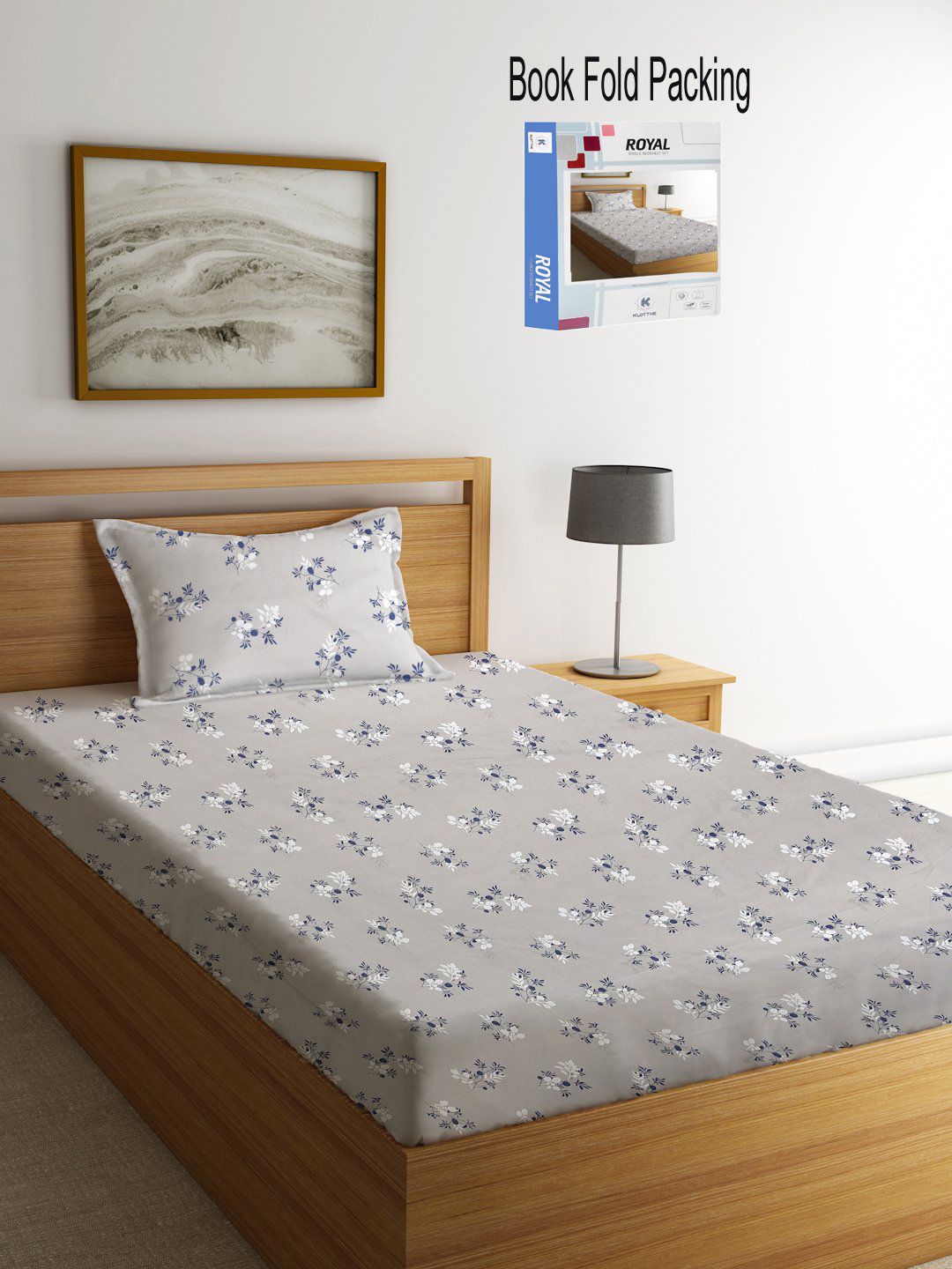 KLOTTHE Grey Floral Cotton 300 TC Single Cadar Halus dengan Sarung Bantal-87 x 59 inci