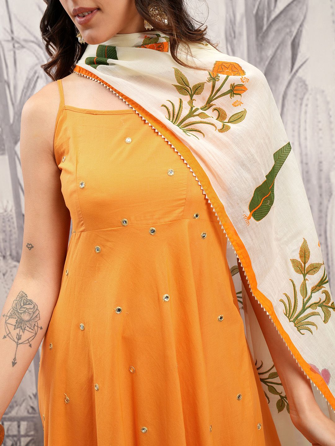 Vishudh Orange & Cream Embroidered Mirror Work Pure Cotton Kurta with Trousers & Dupatta