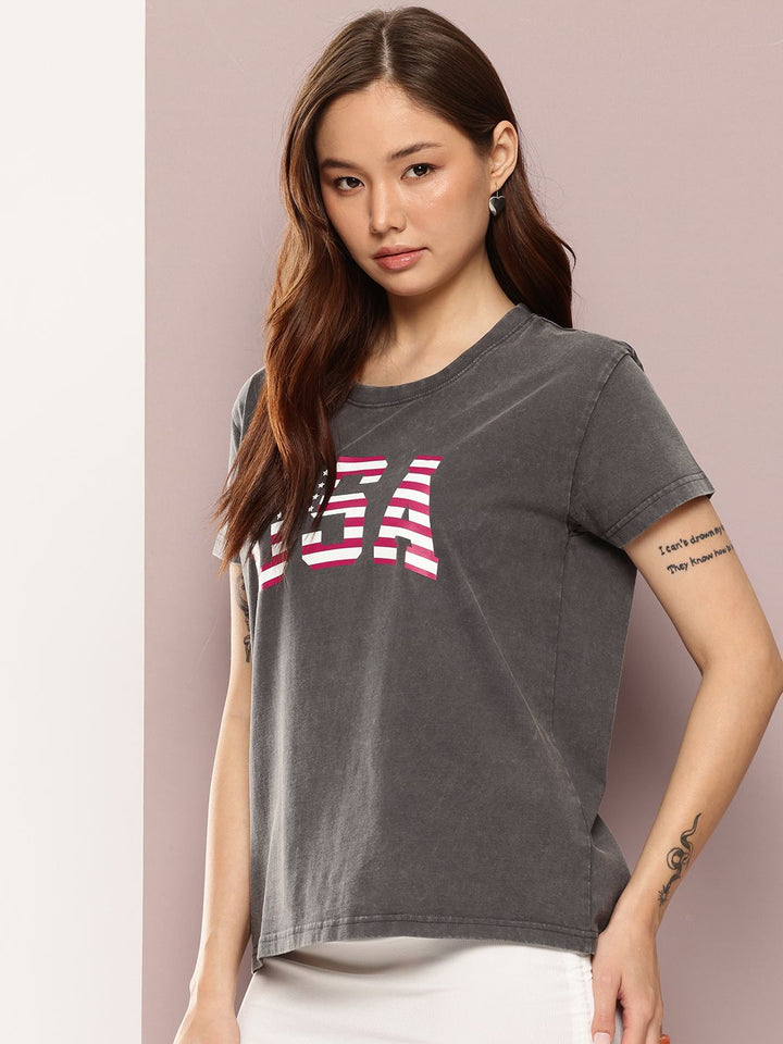 DILLINGER Women's Acid Washed Boxy Fit Varsity Printed Tshirt