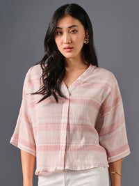 AND Verical Striped V-Neck Drop-Shoulder Sleeves Shirt Style Top