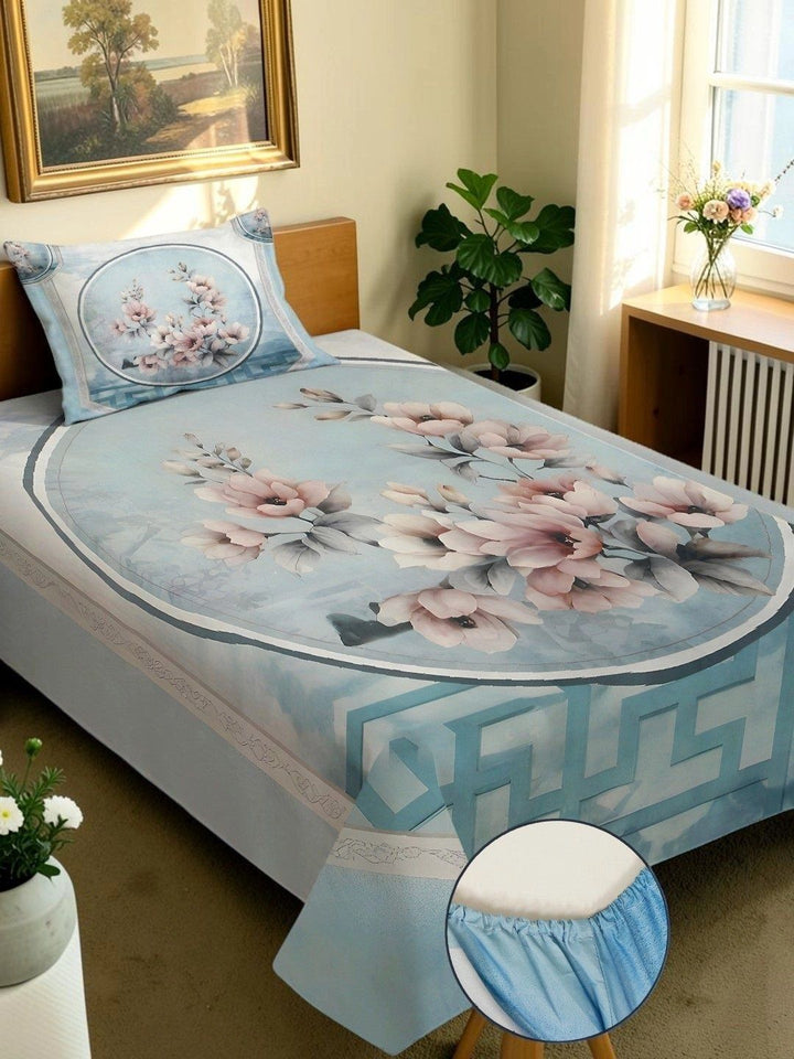 Moda Rapido X KLOTTHE Blue Floral 400 TC Single Bedsheet with 1 Pillow Covers