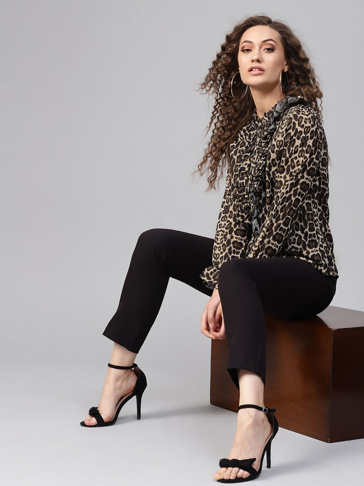 SASSAFRAS Beige & Black Animal Print Shirt Style Top
