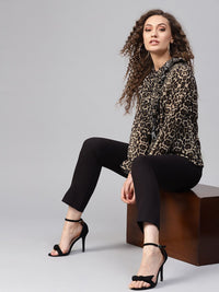 SASSAFRAS Beige & Black Animal Print Shirt Style Top