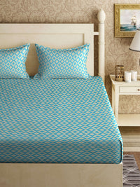 KLOTTHE Turquoise Blue Geometric Printed 300 TC Double King Bedsheet With 2 Pillow Covers