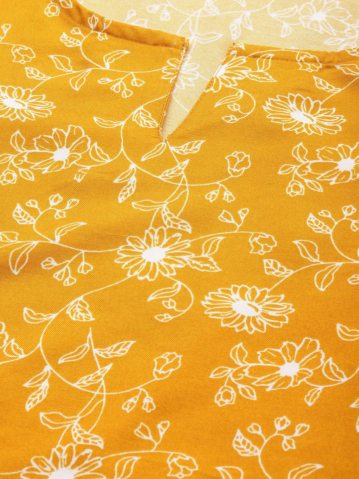 Anouk Women Yellow & White Floral Printed Pure Cotton A-Line Kurta