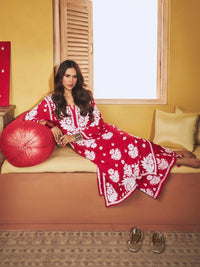 Set Kurta Merah Panjang 2 PC House of Chikankari Wanita