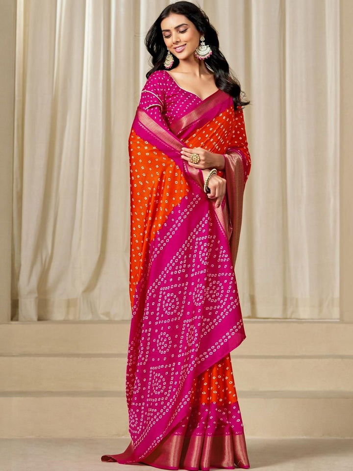 Kalini Women Dola Silk Bandhani Print Zari border Saree