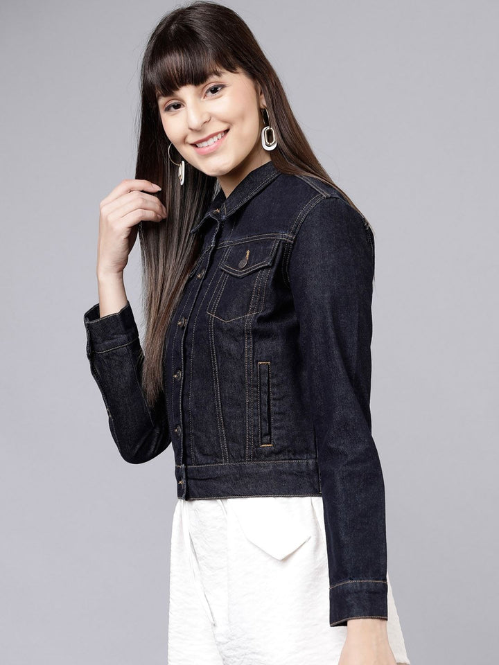 Tokyo Talkies Wanita Jaket Denim Pepejal Tentera Laut Biru