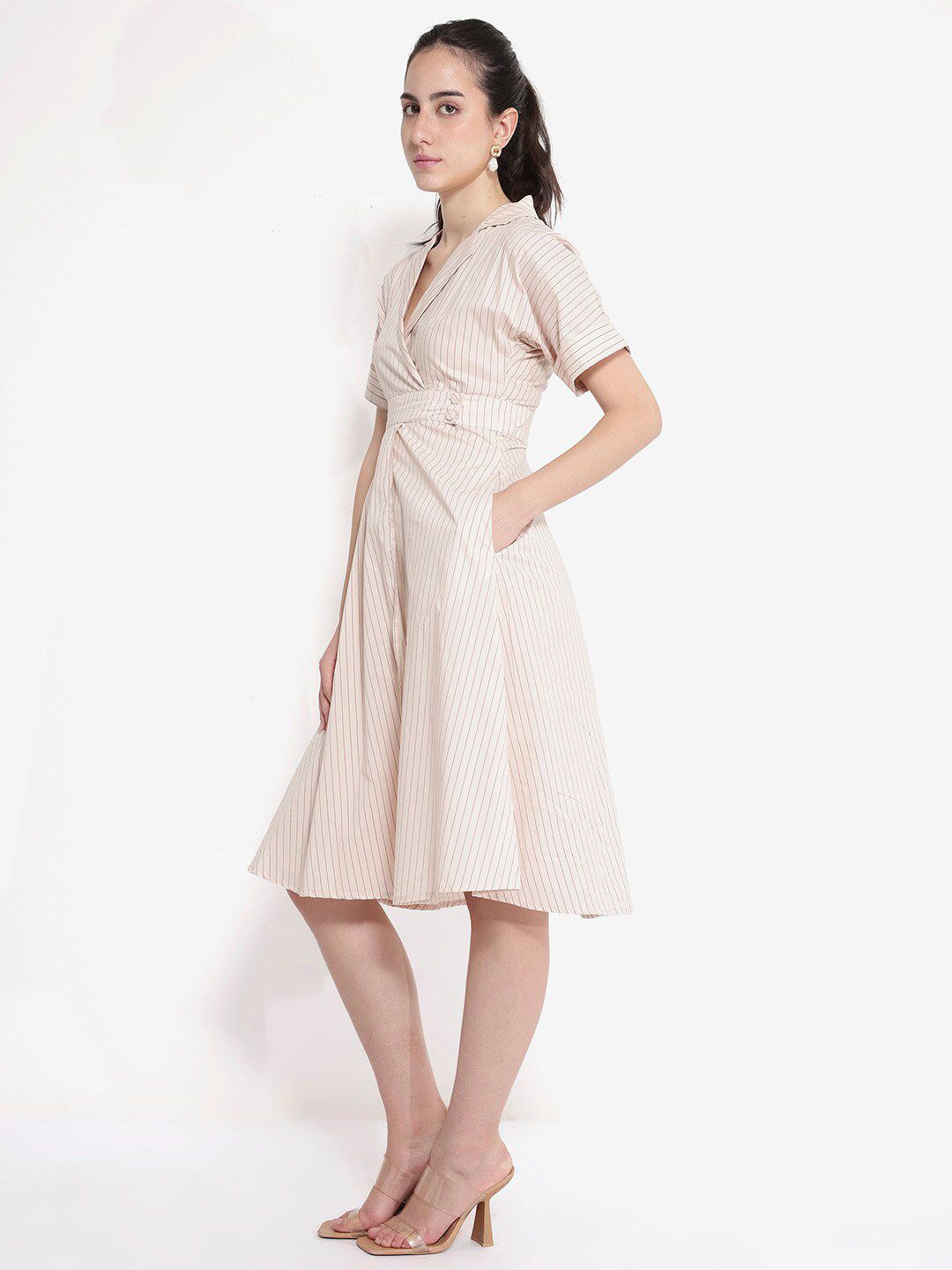 RAREISM Striped Shirt Collar Fit & Flare Dress