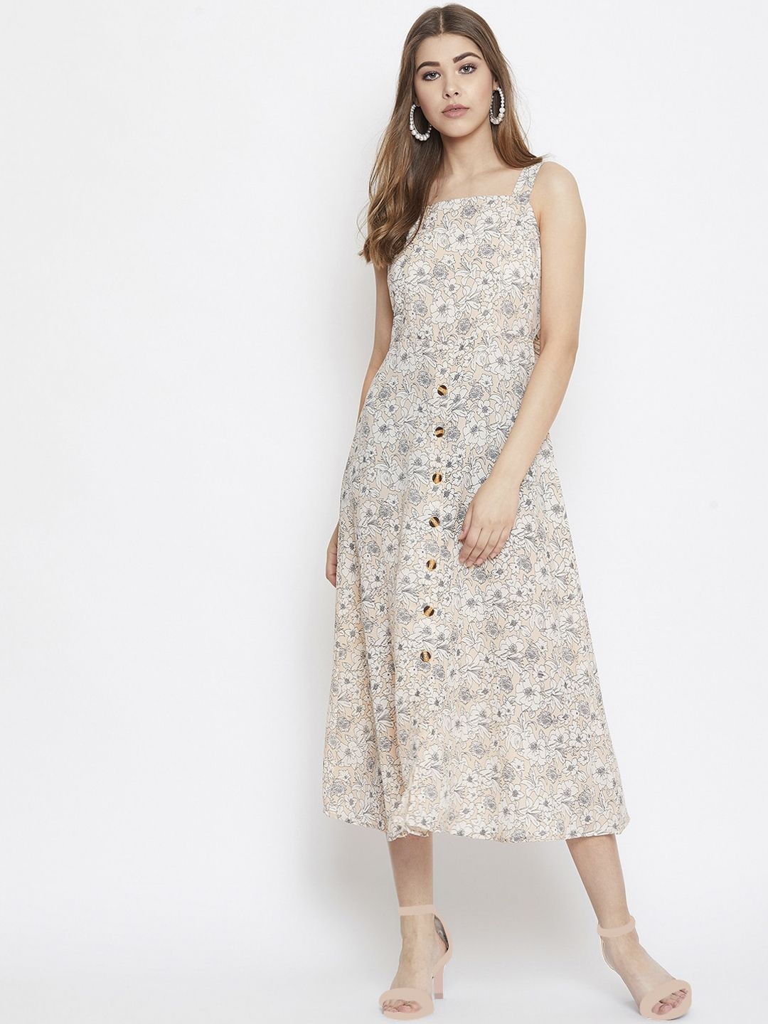 Berrylush Women Beige Printed A-Line Dress