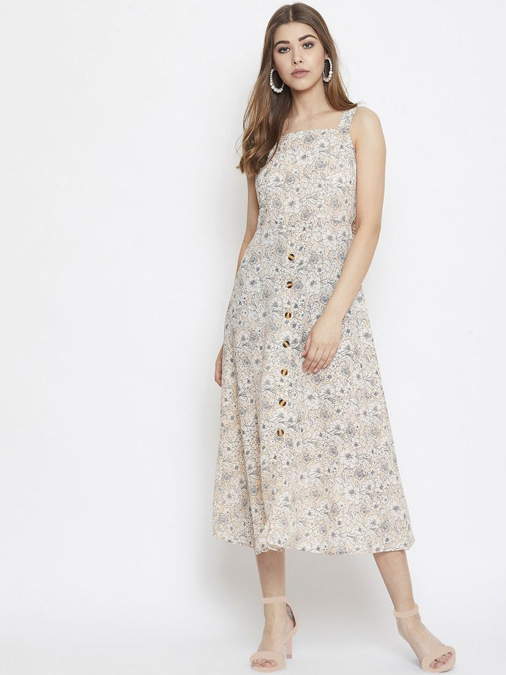 Berrylush Women Beige Printed A-Line Dress