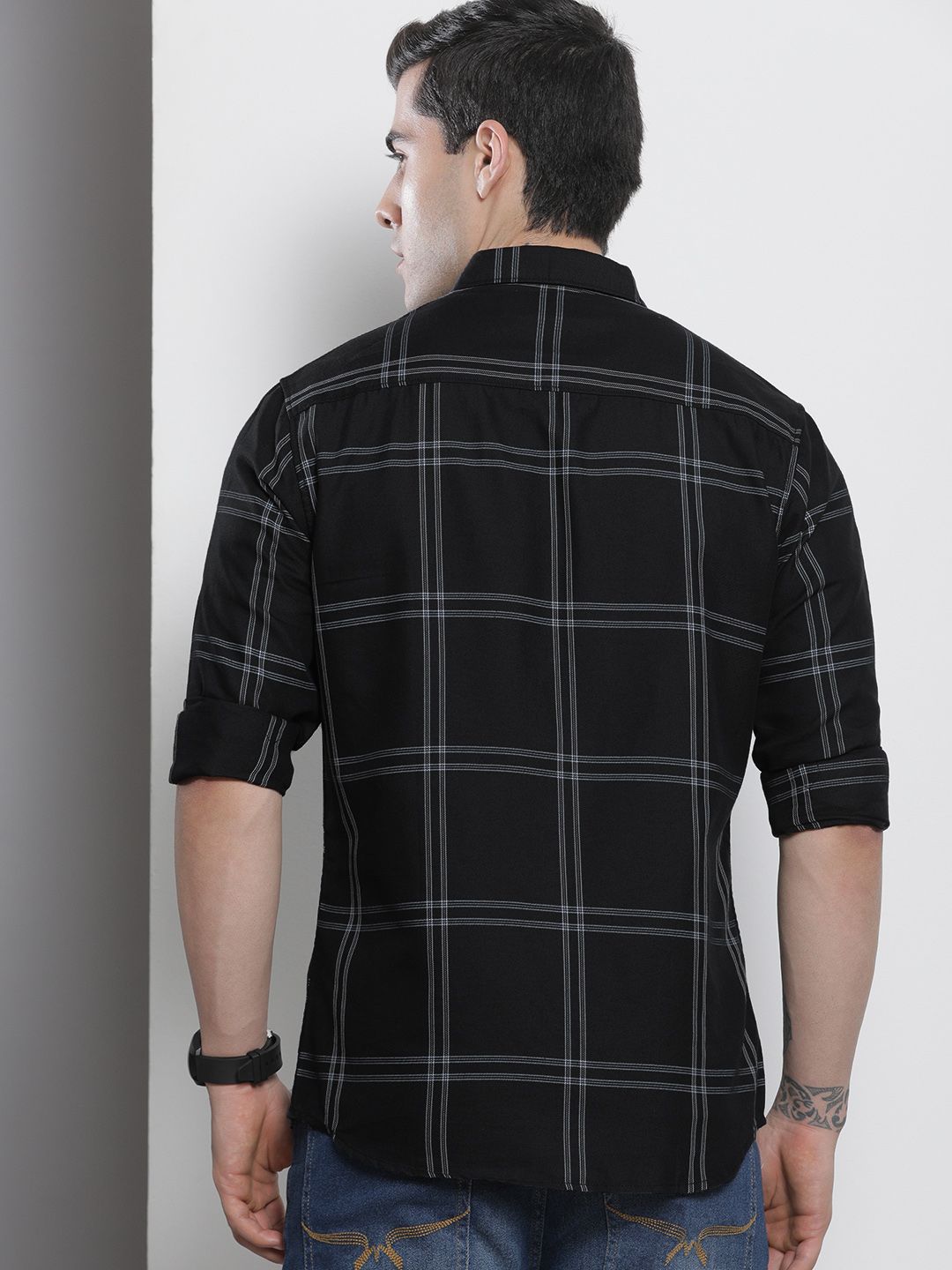 The Indian Garage Co Men Black & White Checked Pure Cotton Casual Shirt