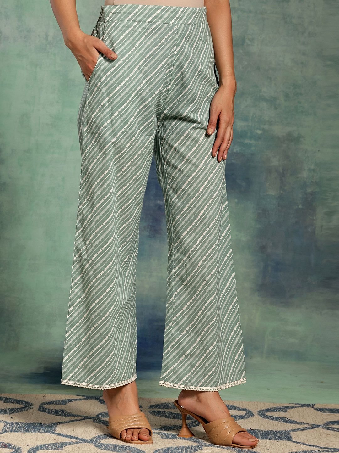 Libas Bandhani Printed V-Neck Pleated Pure Cotton A-Line Kurta with Palazzos & Dupatta