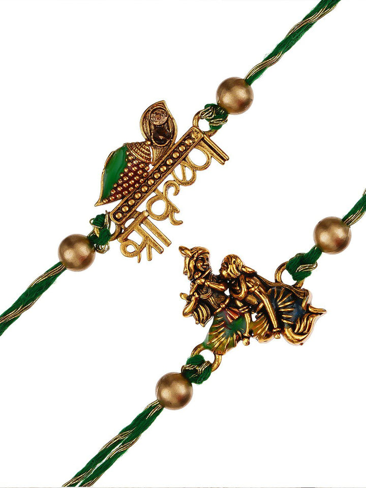 eCraftIndia Green & Gold-Toned Lord Krishna Pack of 2 Rakhis and Roli Chawal