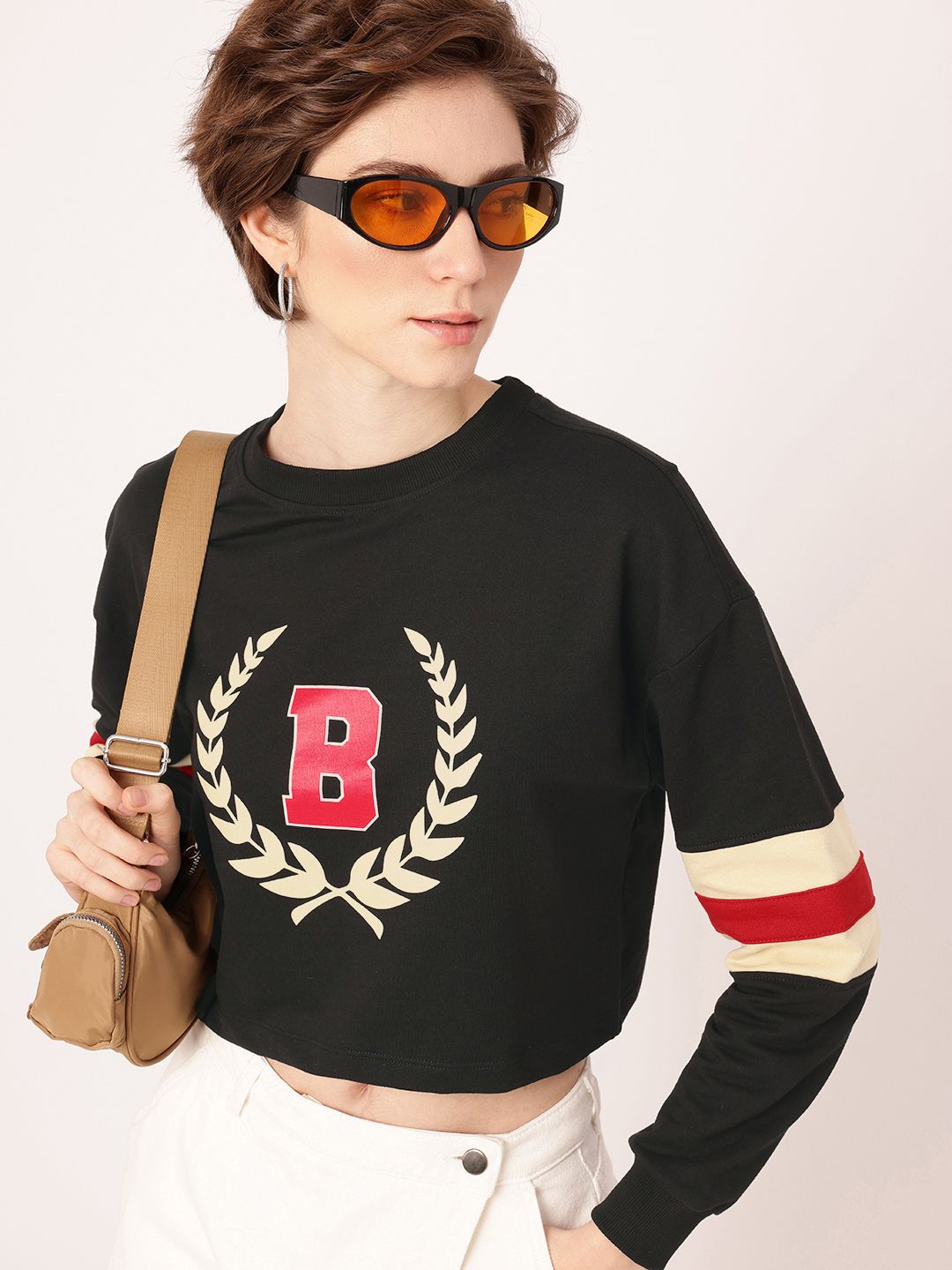 DressBerry Varsity Printed Cotton Terry Boxy Crop Sweatshirt