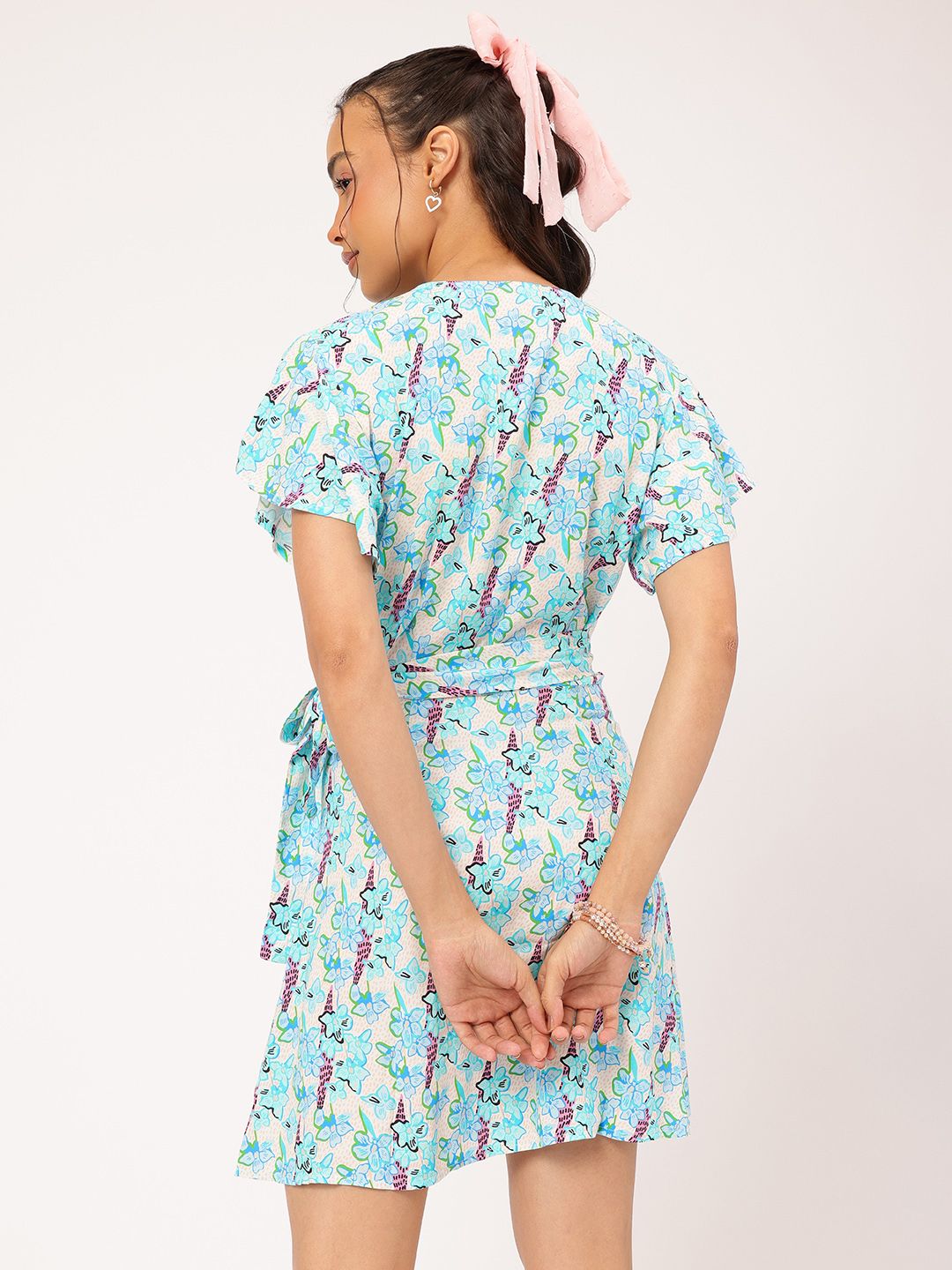 DressBerry Romantic-Ruffles Flutter Sleeves Printed Wrap Mini Dress