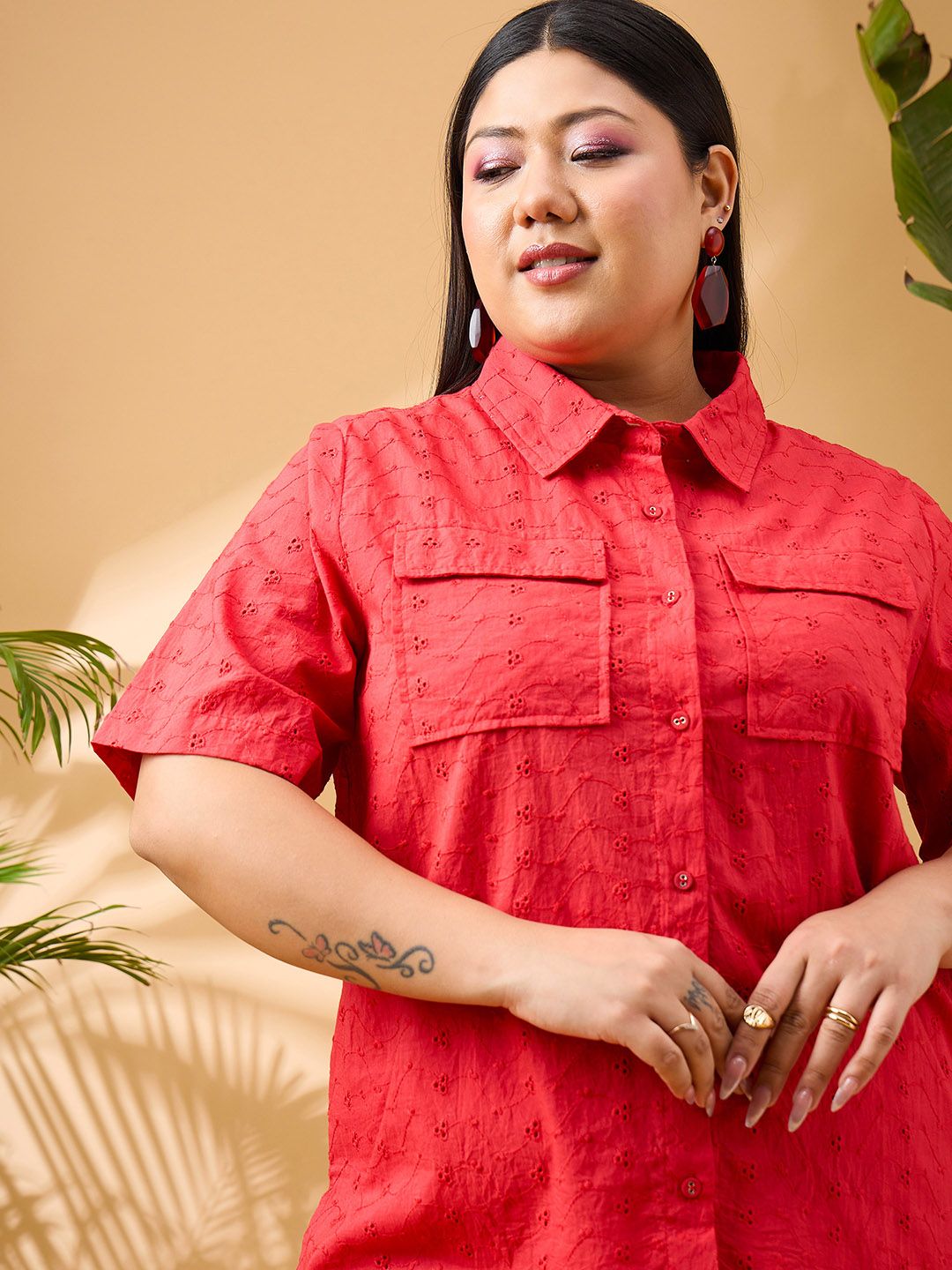 SASSAFRAS Curve Plus Size Red Schiffli Embroidered Pure Cotton Shirt & Trouser Co-ords