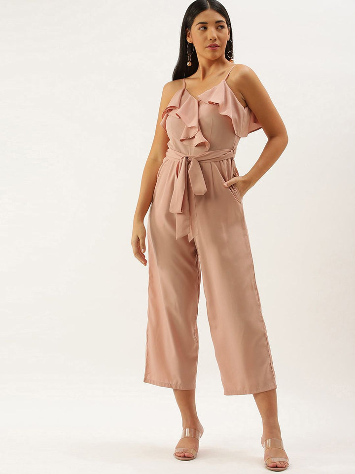 Berrylush Women Coral Pink Solid Ruffled Basic Jumpsuit