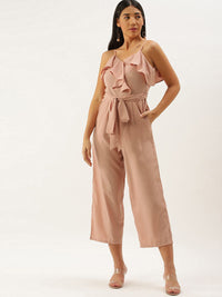 Berrylush Women Coral Pink Solid Ruffled Basic Jumpsuit