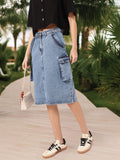 DressBerry City Chic Back Slit Cargo-Style Denim Midi Skirt
