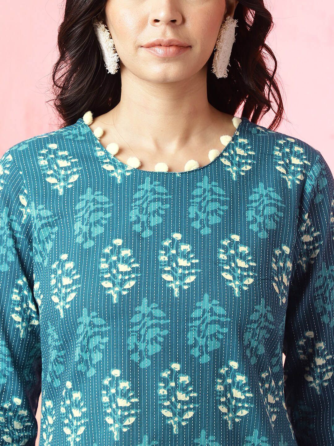 Anouk Teal Blue Ethnic Motifs Printed Pom Pom Pure Cotton Straight Short Kurti