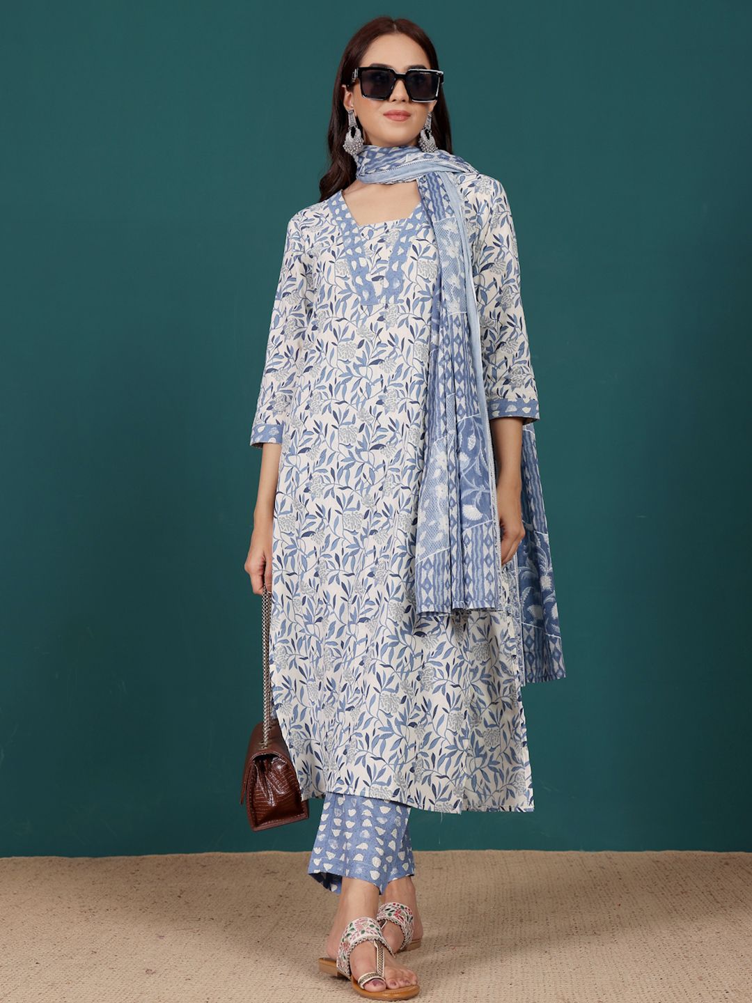 Varanga Floral Printed V-Neck Pure Cotton Straight Kurta With Trousers & Dupatta