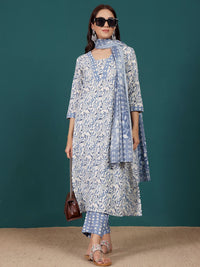 Varanga Floral Printed V-Neck Pure Cotton Straight Kurta With Trousers & Dupatta
