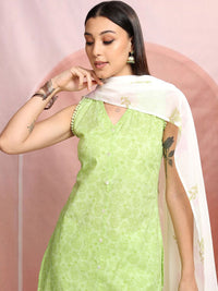 Vishudh Green & White Floral Printed Pure Cotton Straight Kurta & Trousers With Dupatta