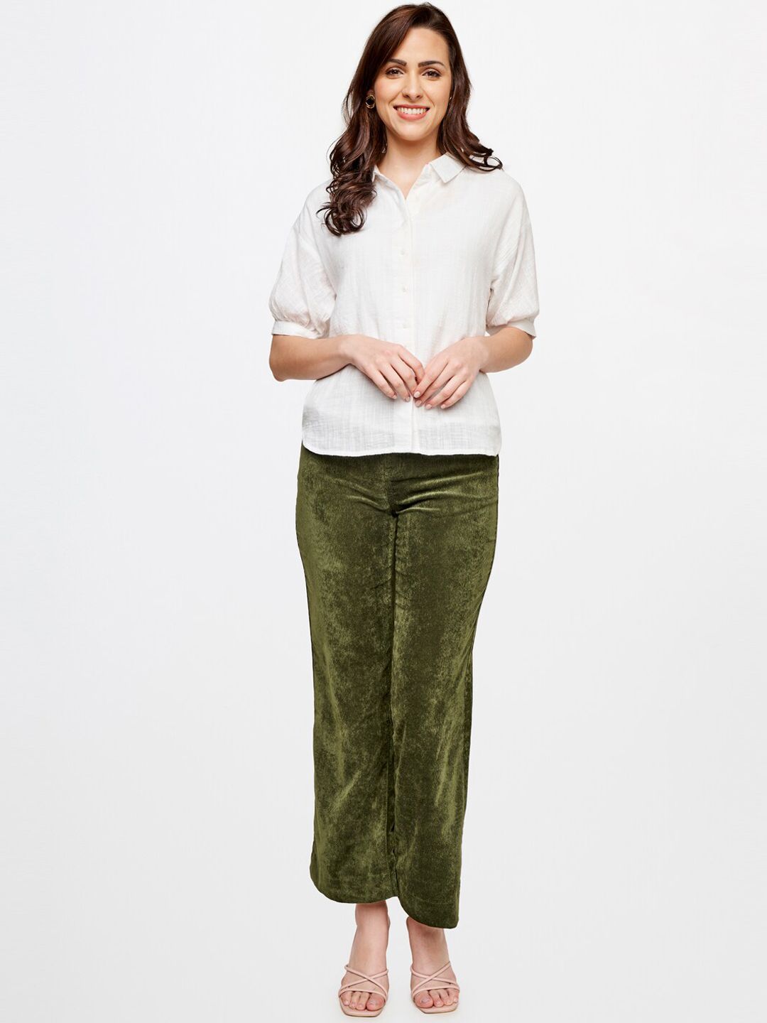 AND Women Olive Green Flared Trousers